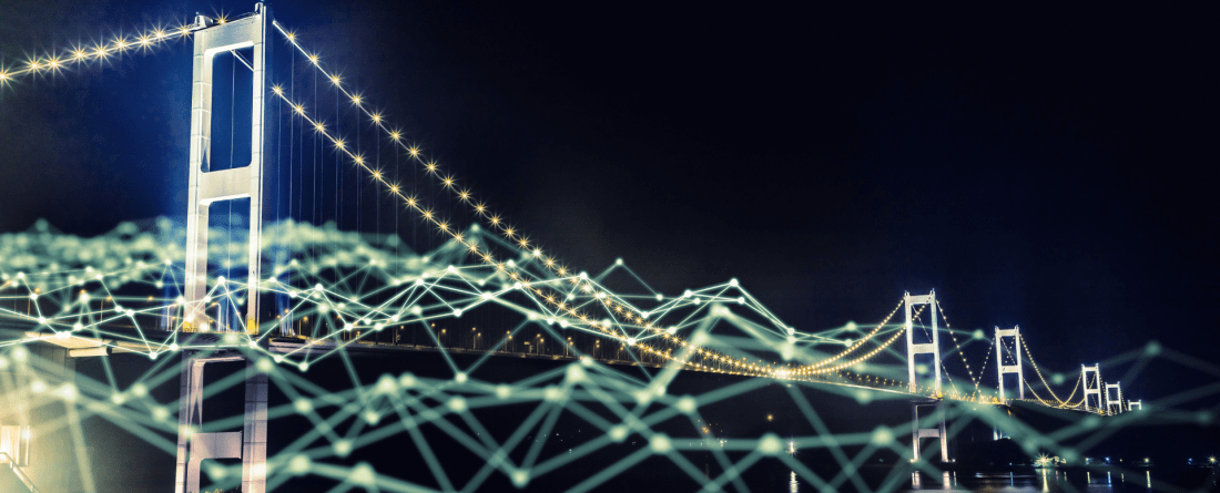 Photo of bridge with a graphic of network nodes overlayed on top